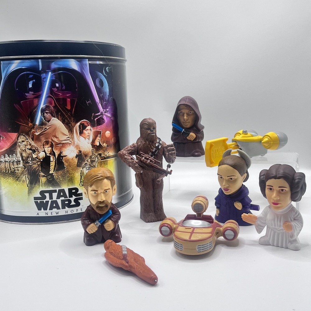 Star Wars 2005 Burger King Toy Lot with A New Hope Popcorn Tin 8pc Set